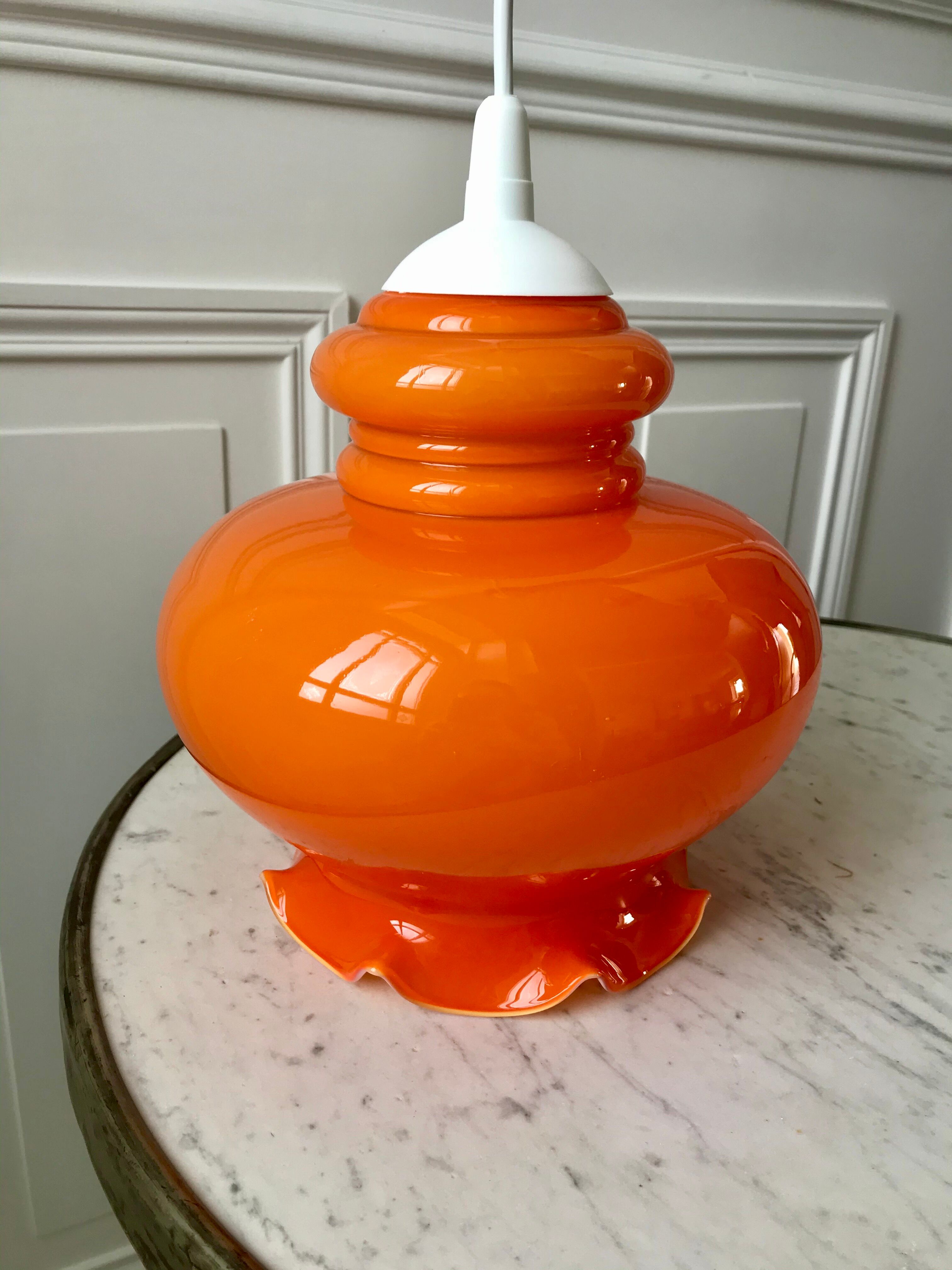 Orange opaline suspension lamp 70s