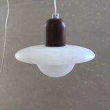 Pair of onyx and walnut suspended light fixtures