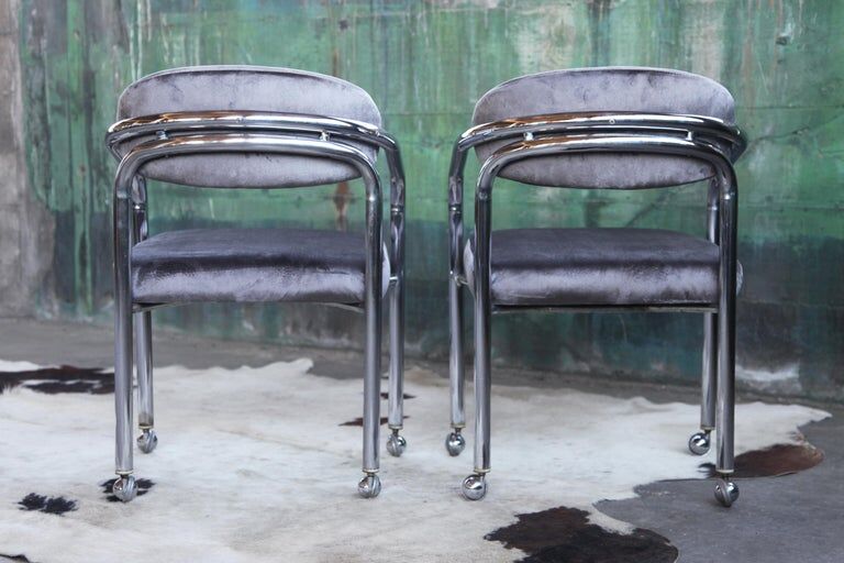 Postmodern chrome armchair grey velvet, casters