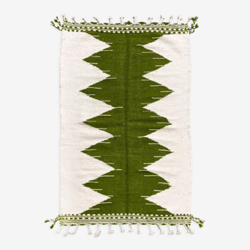 Kilim berbère marocain écru à motifs verts 172x103cm