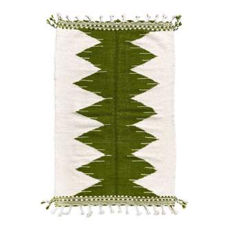 Kilim berbère marocain écru à motifs verts 172x103cm