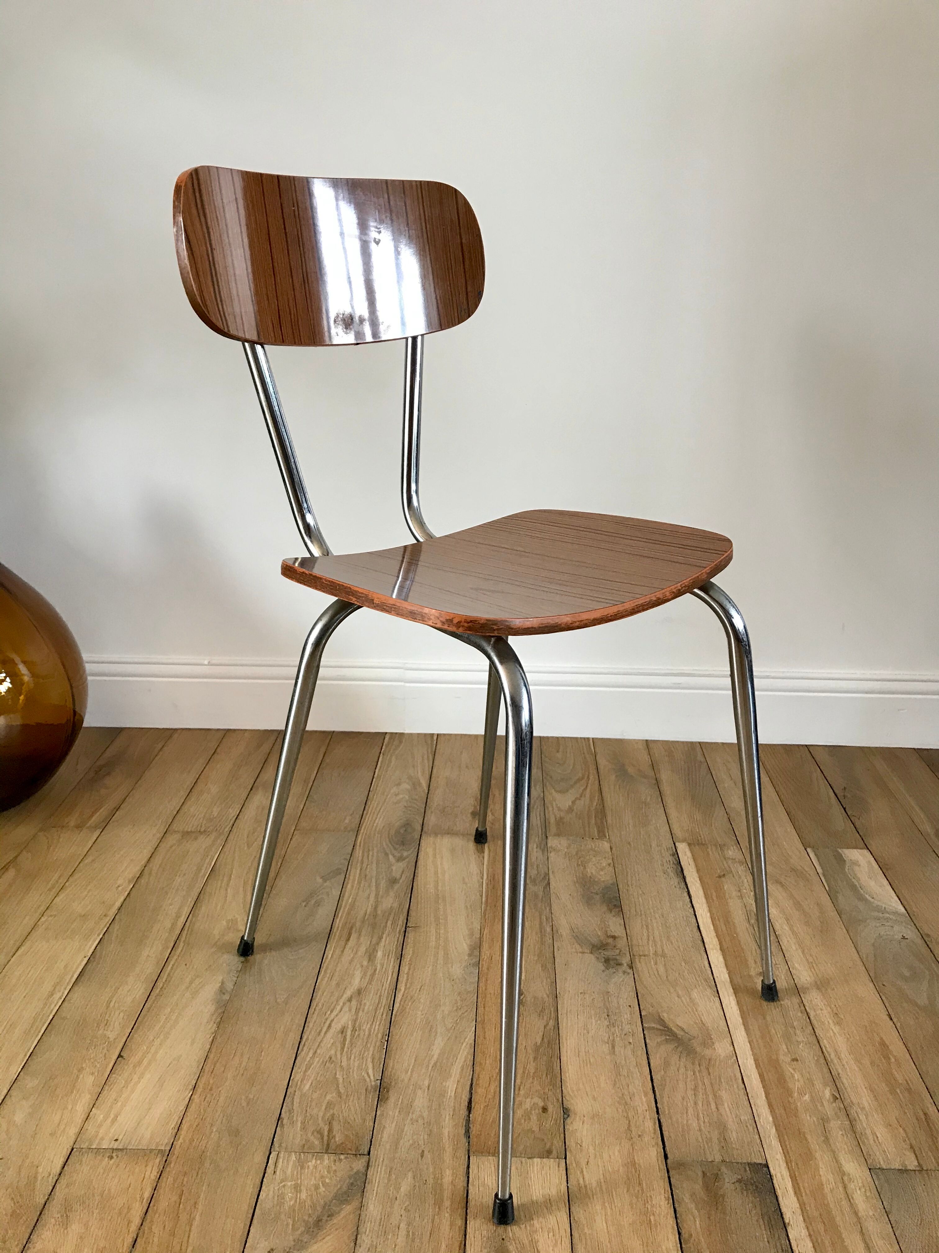 Light brown formica chair and brown tower 70s