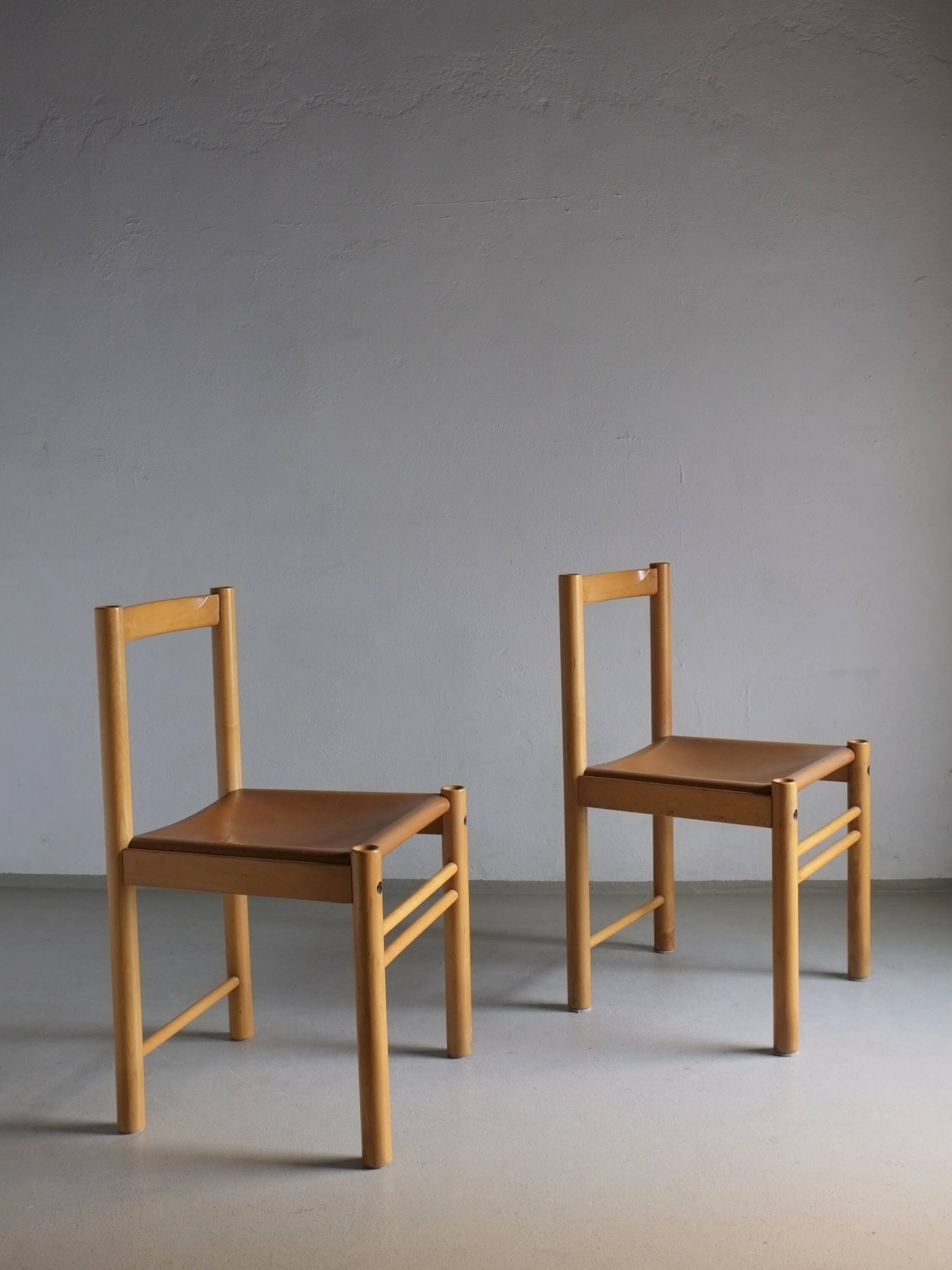 6 beech wood cognac leather chairs | Ibisco | Italy | 1960s