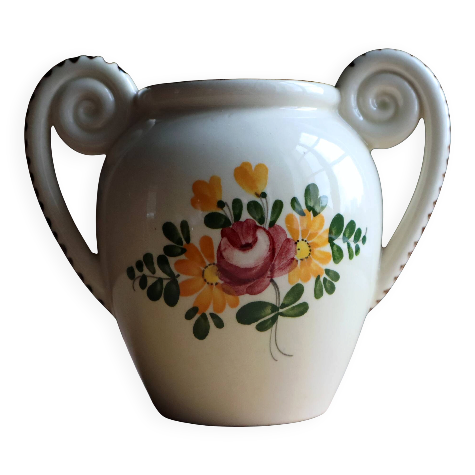 Small double-handled vase in French earthenware – Hand-painted floral decoration