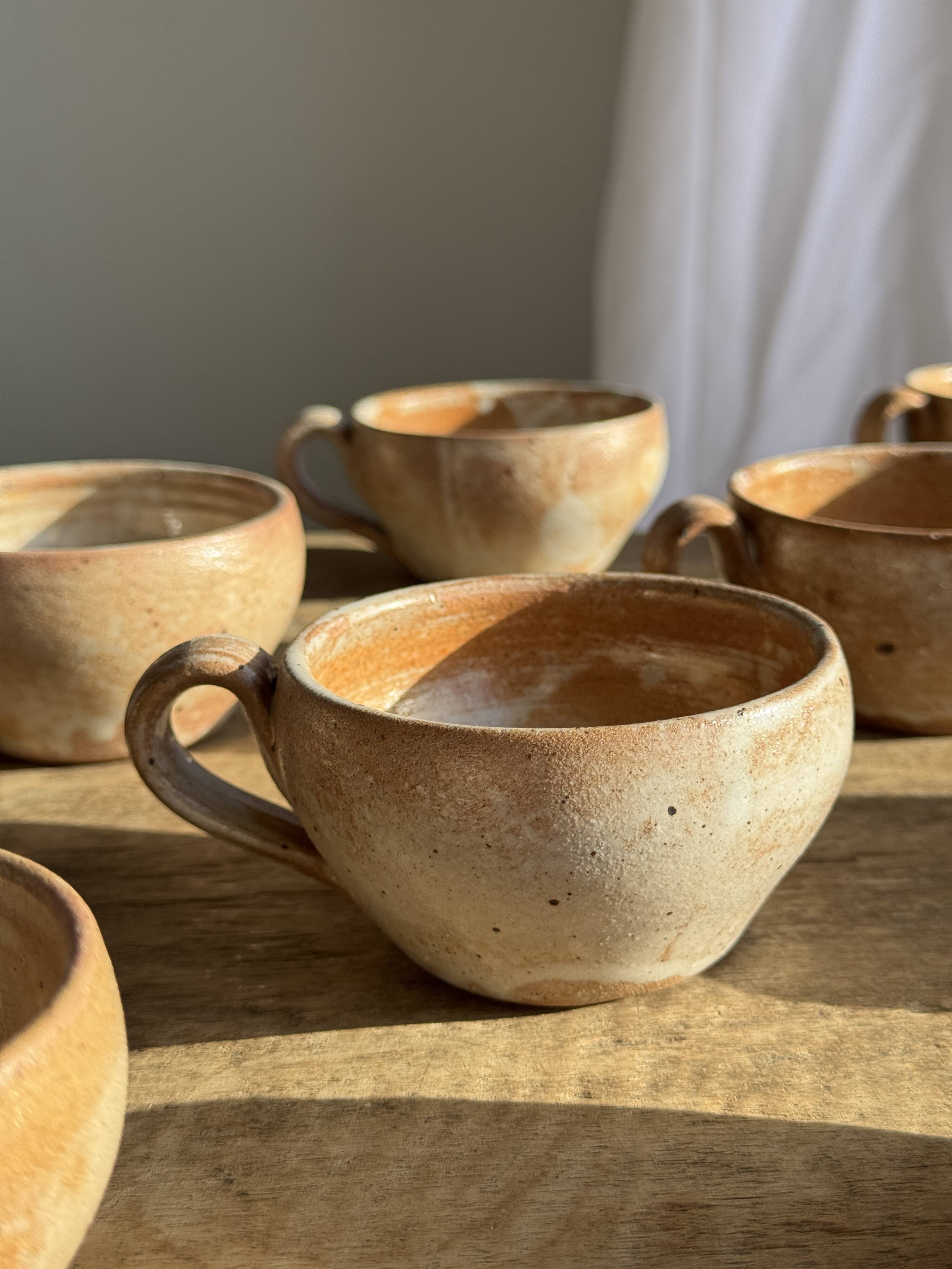 Set of 11 vintage coffee cups, raw matte stoneware H11