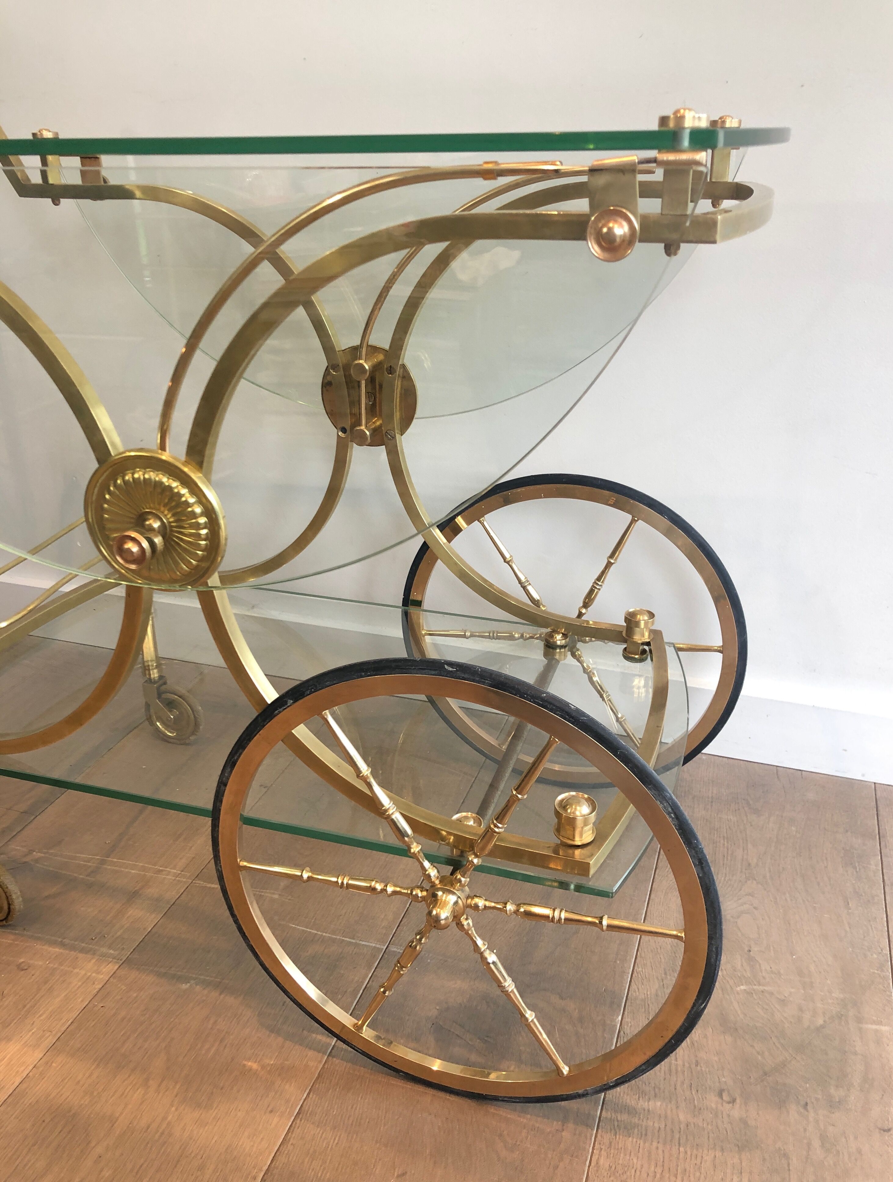Neo classical style table in silver and gold metal and glass