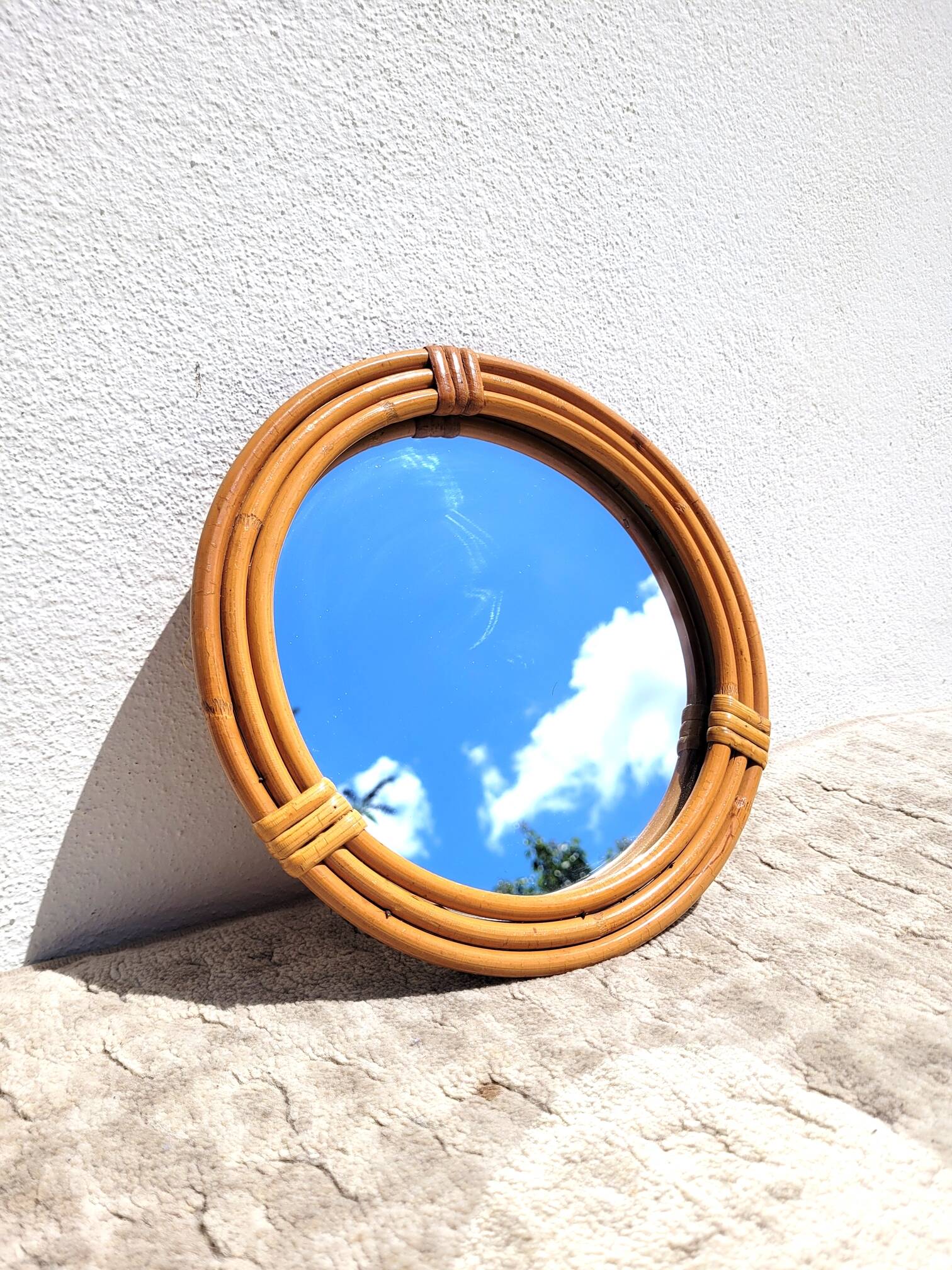 Small round rattan mirror 1970