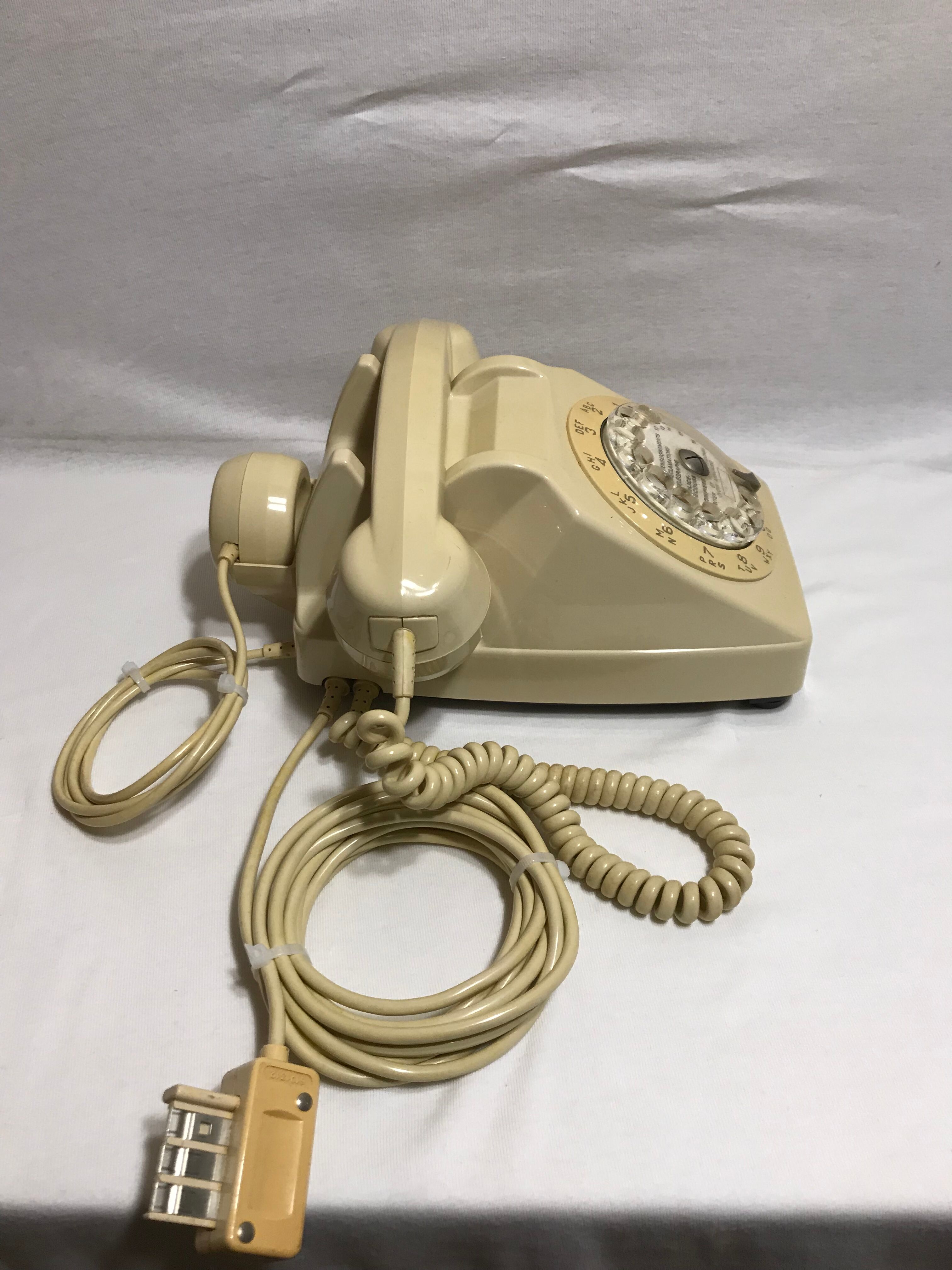 Old white dial phone beige dial, earphone, vintage velvet cover