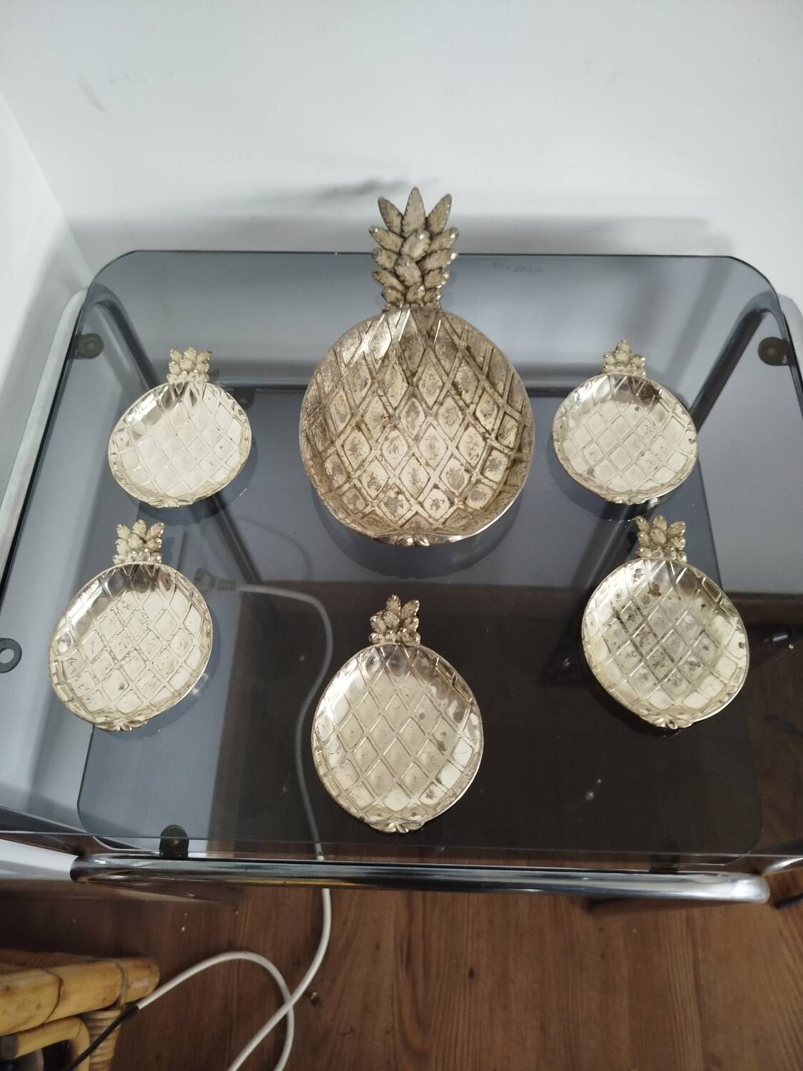 Vintage metal pineapple aperitif set – 1 large + 5 bowls