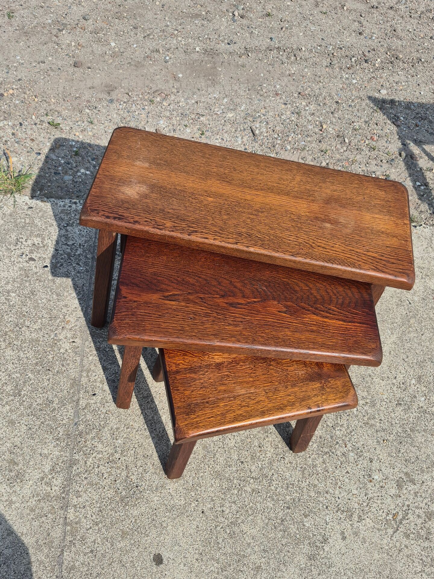 Vintage oak 3 nesting tables brutalist high legs