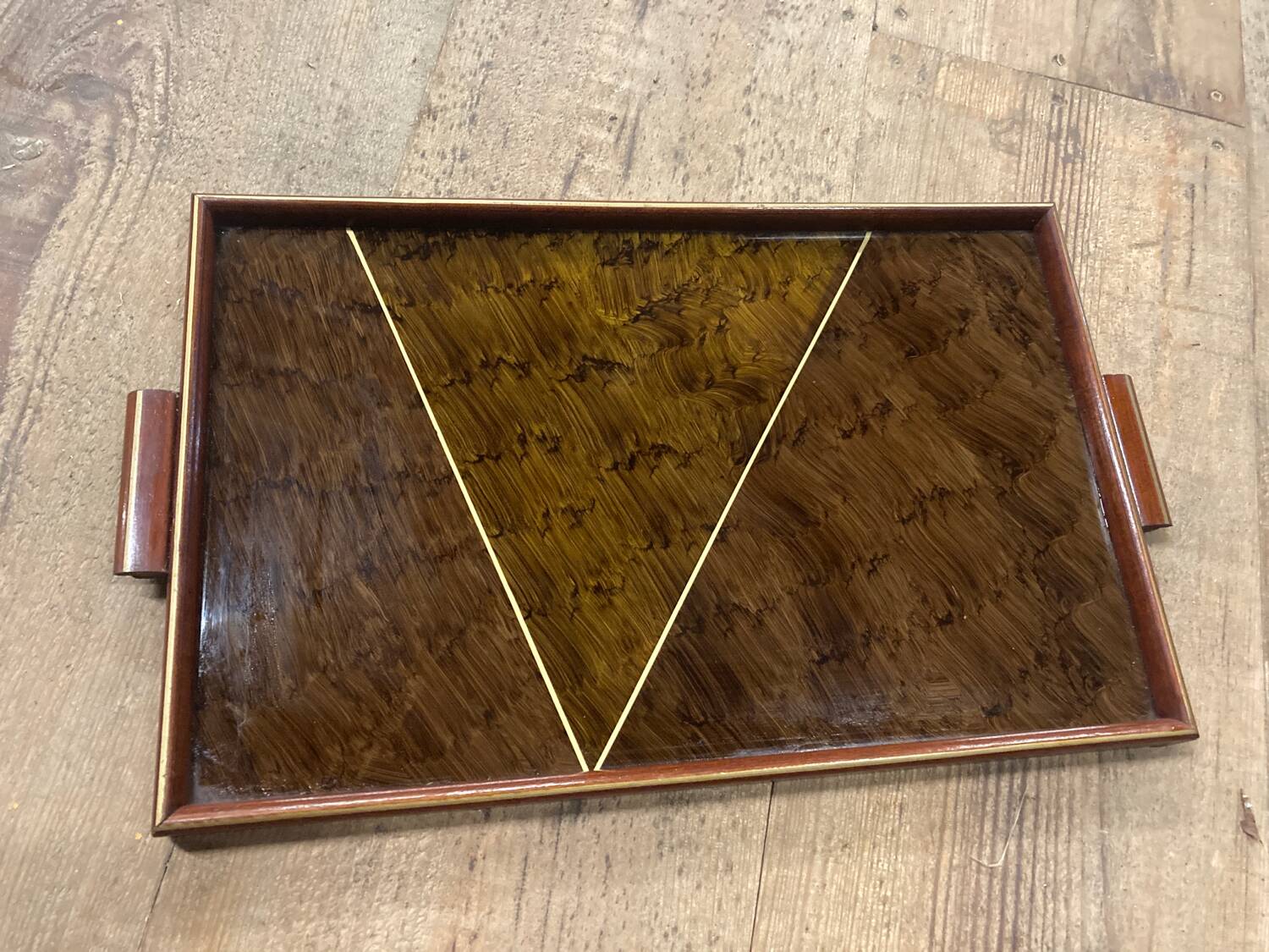 Rectangular art deco wood and glass tray