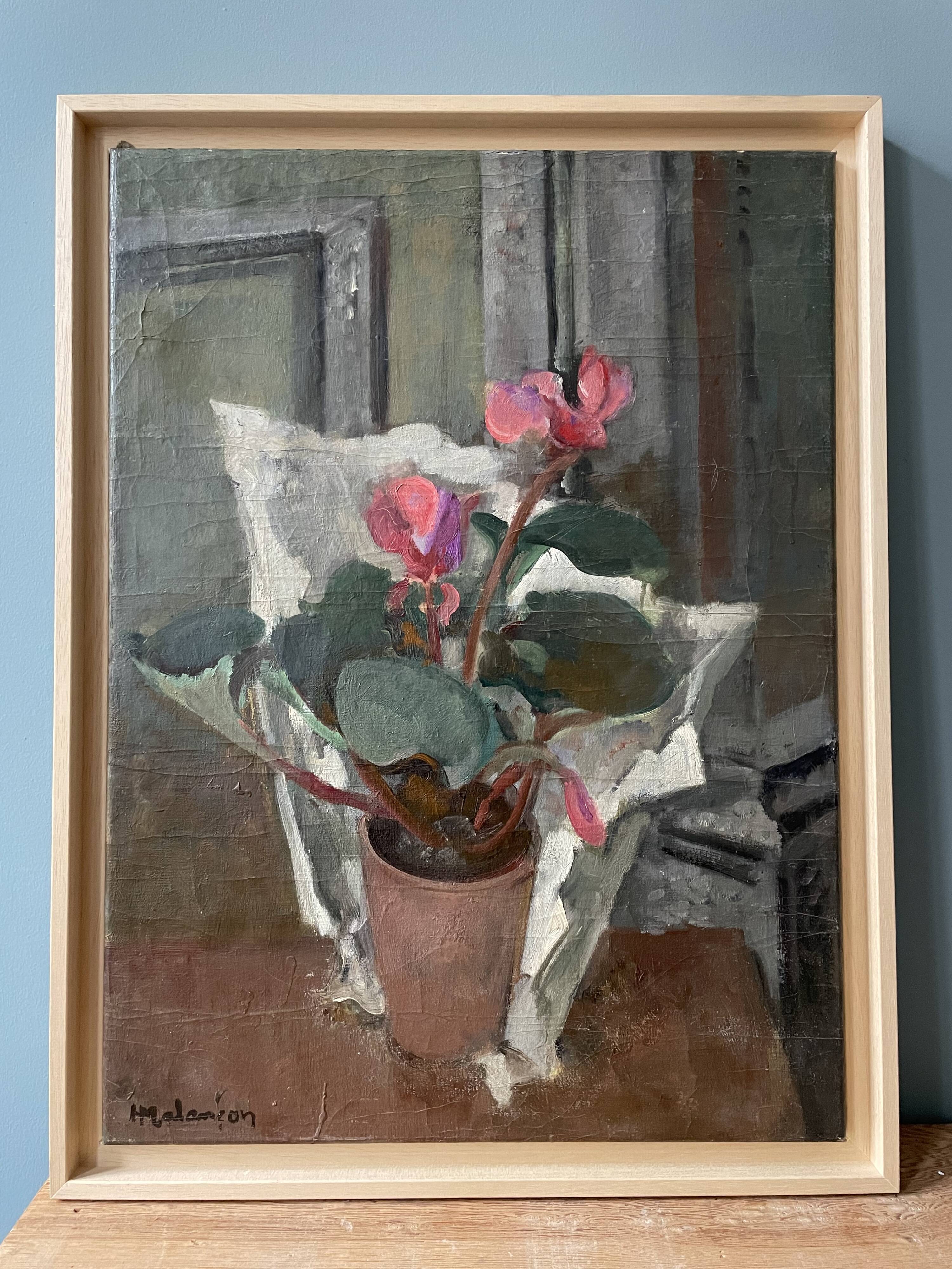 Old painting by Henri Malençon les Cyclamens circa 1940