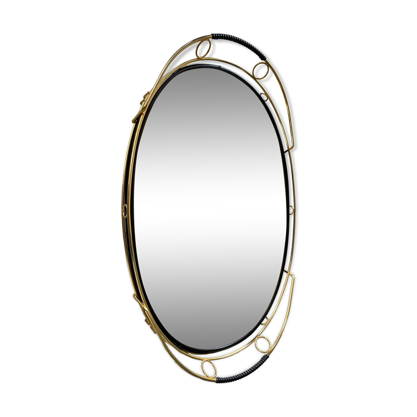 Vintage oval mirror plateau in gilded brass & black scoubidou — 1970s