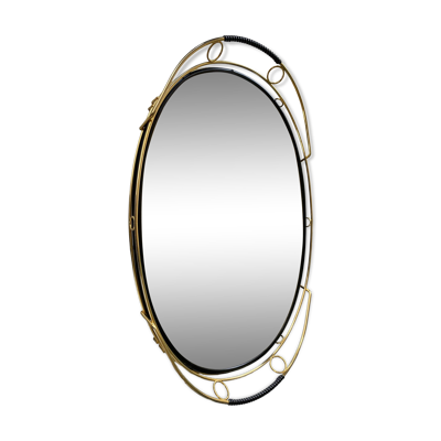 Plateau miroir ovale en laiton doré et scoubidou noir, années 1950