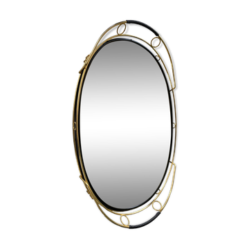 Plateau miroir ovale en laiton doré et scoubidou noir, années 1950