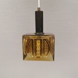 Older square hanging lamp with olive colored outer glass with inner shade of crystal glass