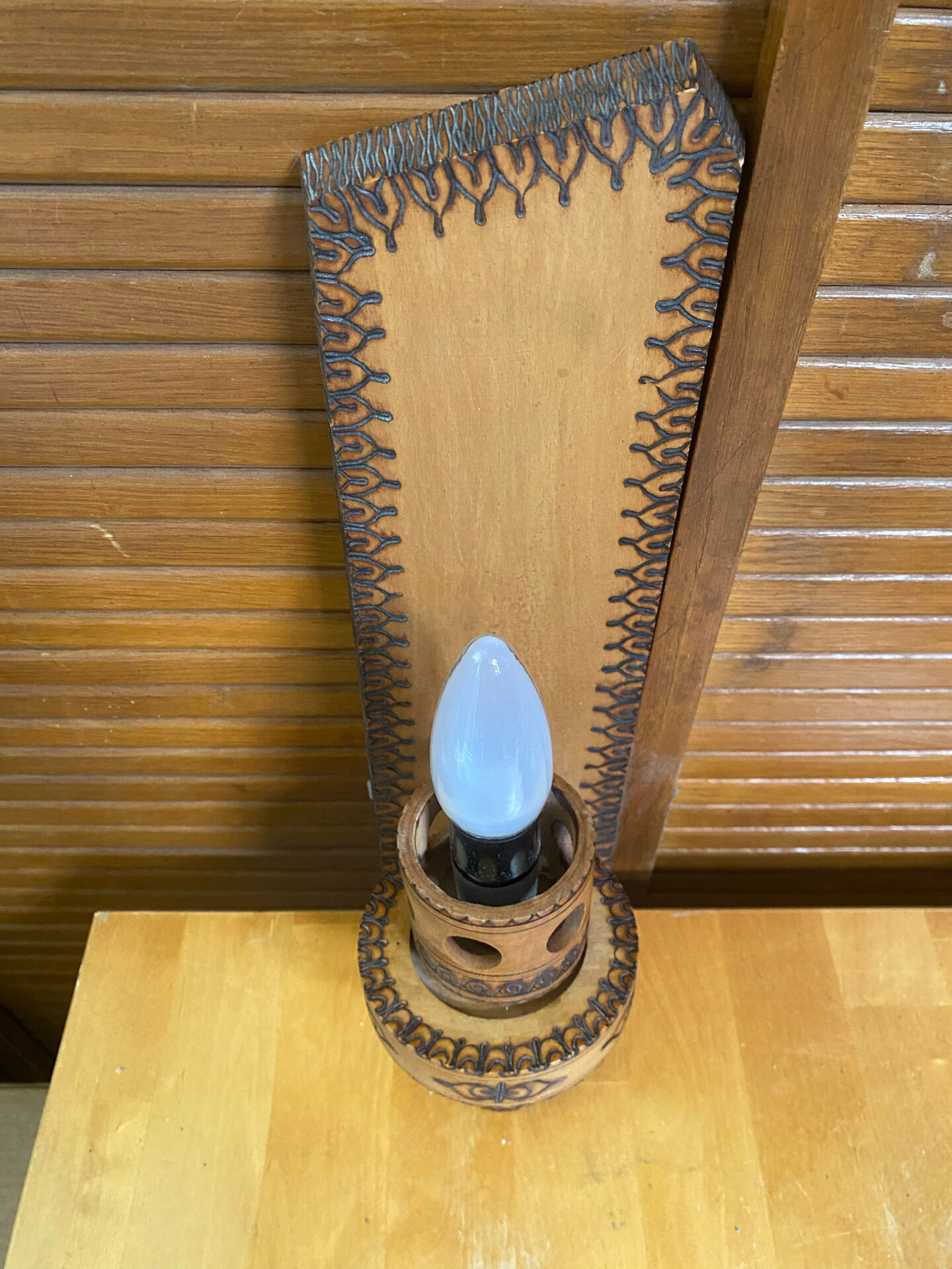 Pair of Vintage Pyrographed Wood Torch Wall Lights Mountain Style #