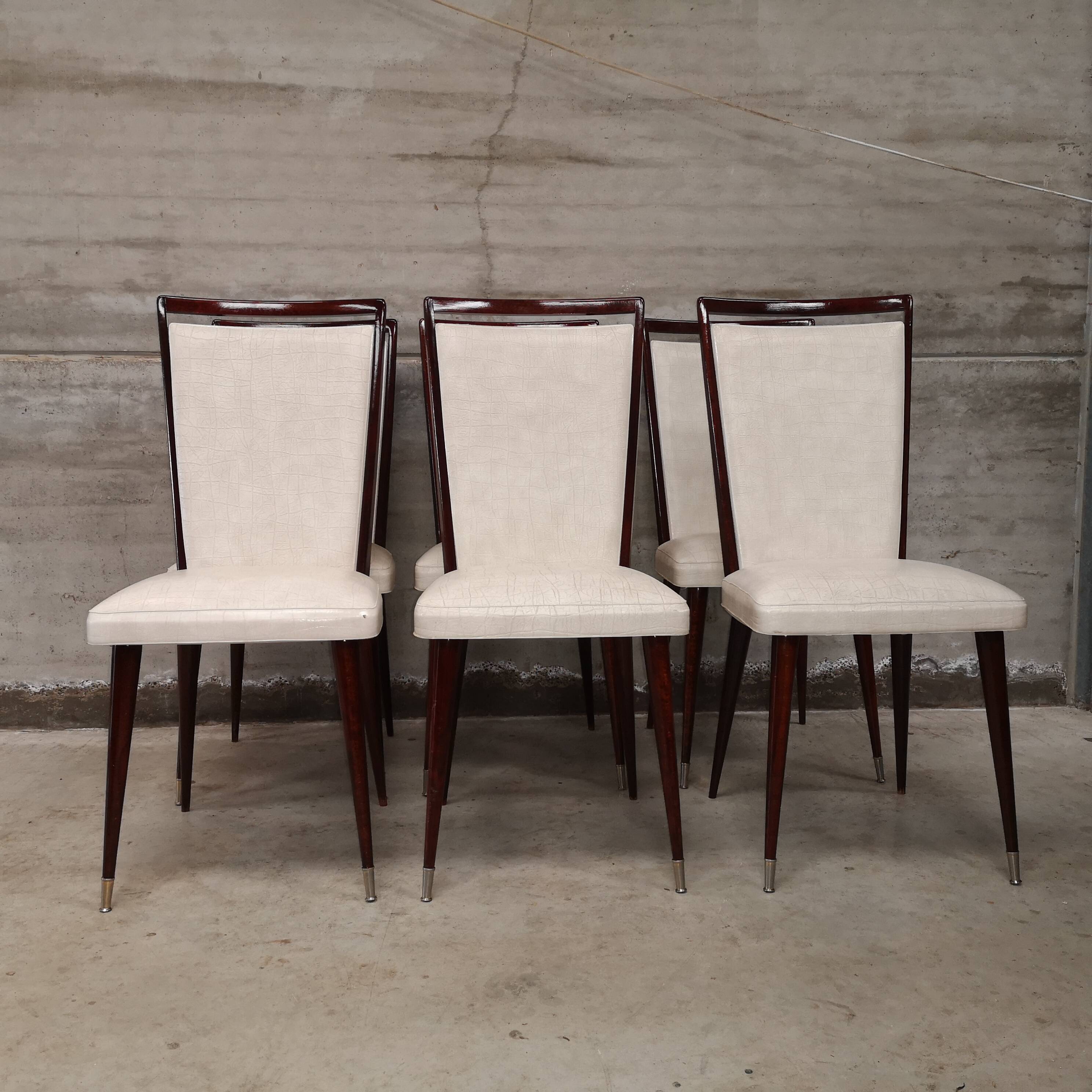 6 white leatherette and mahogany art deco style chairs, 1950