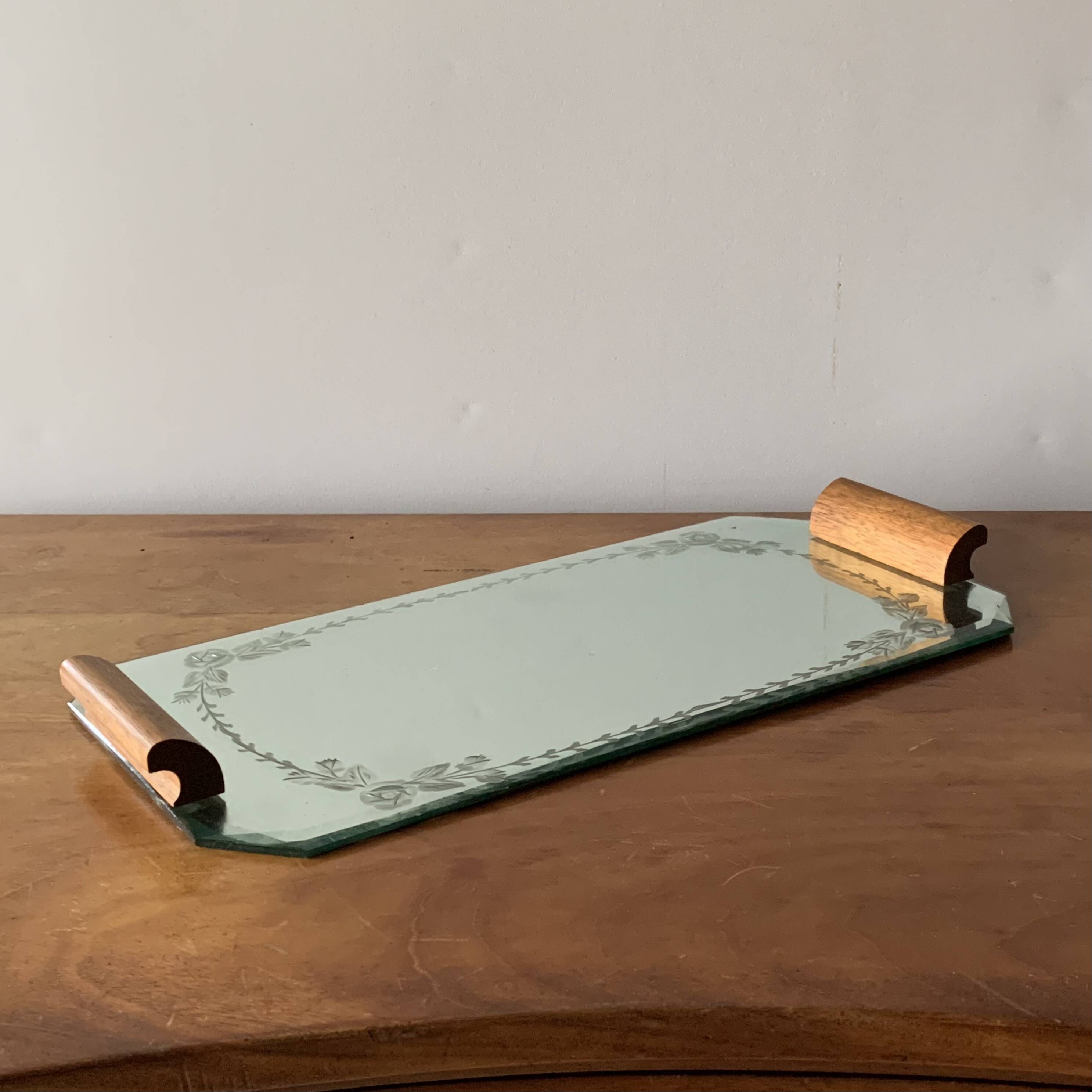 Art Deco mirrored tray with wooden handles