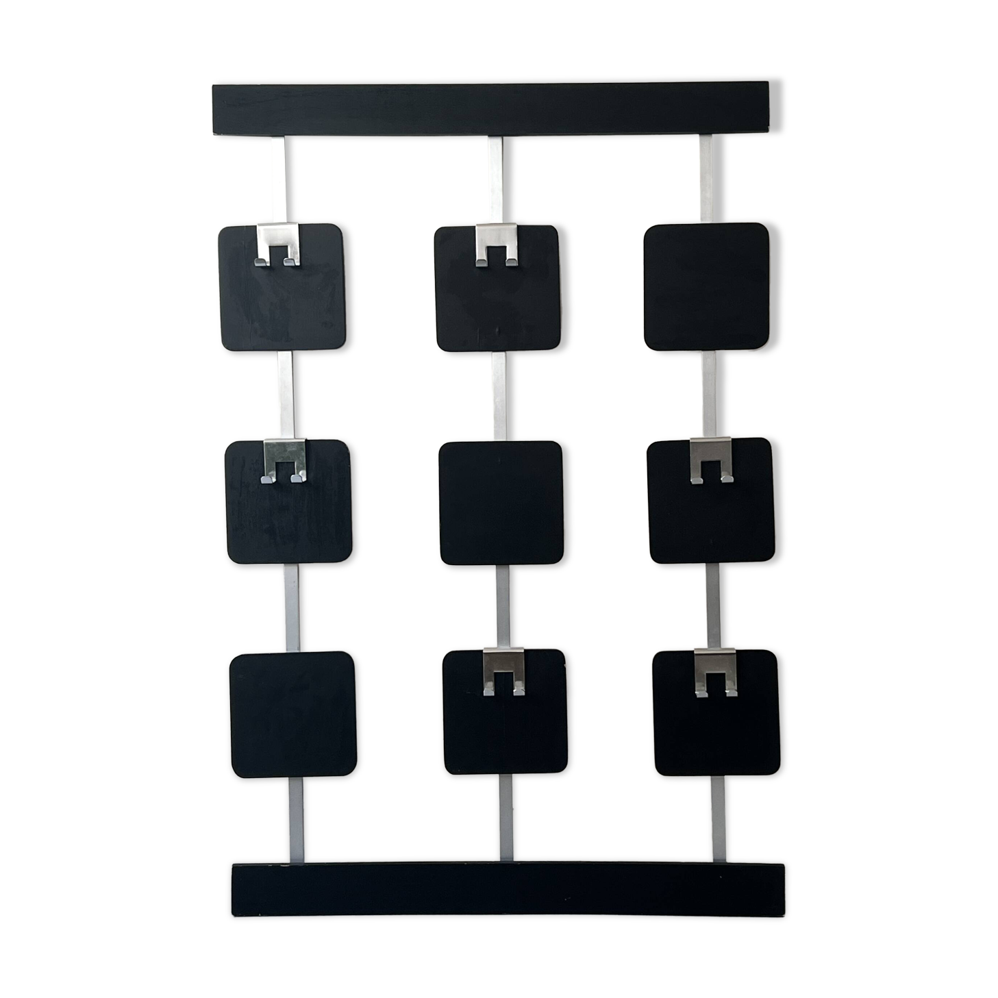 Large modernist wall coat rack in wood and metal, 1970s design.