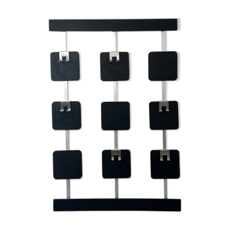 Large modernist wall coat rack in wood and metal, 1970s design.