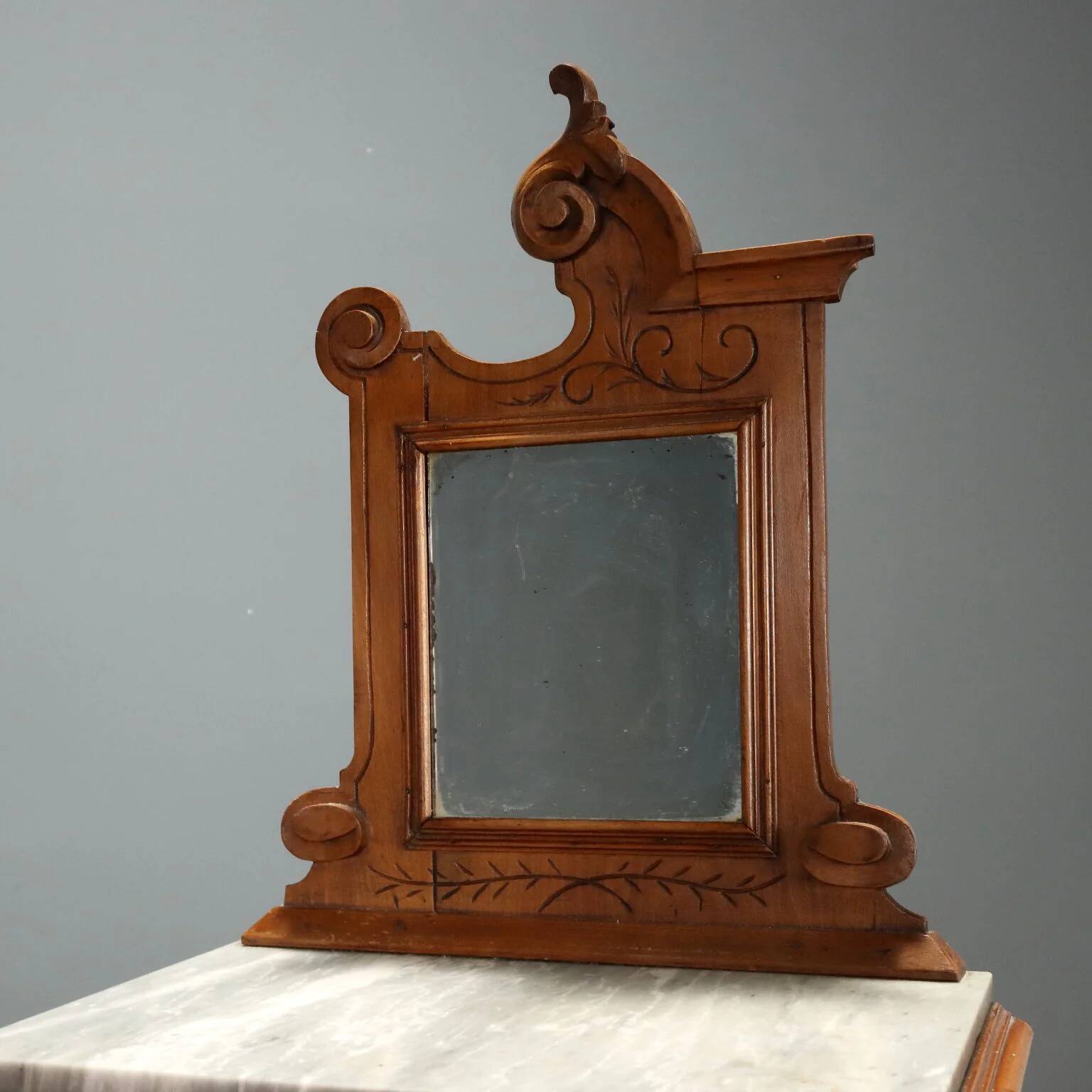 Antique walnut bedside tables with grey marble, Italy, 19th century.