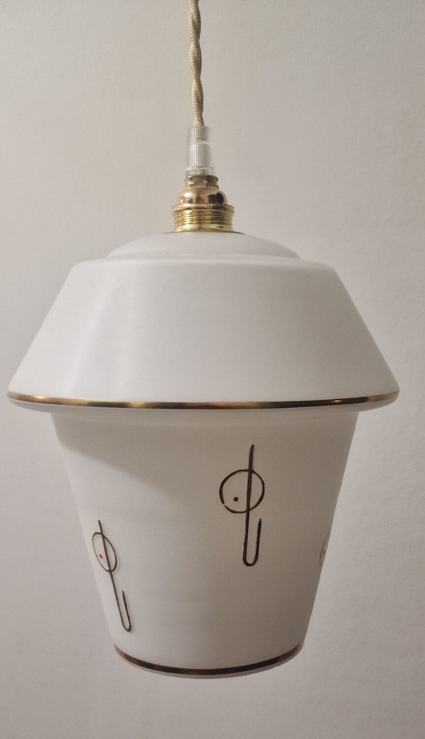 White opaline pendant lamp with gold décor