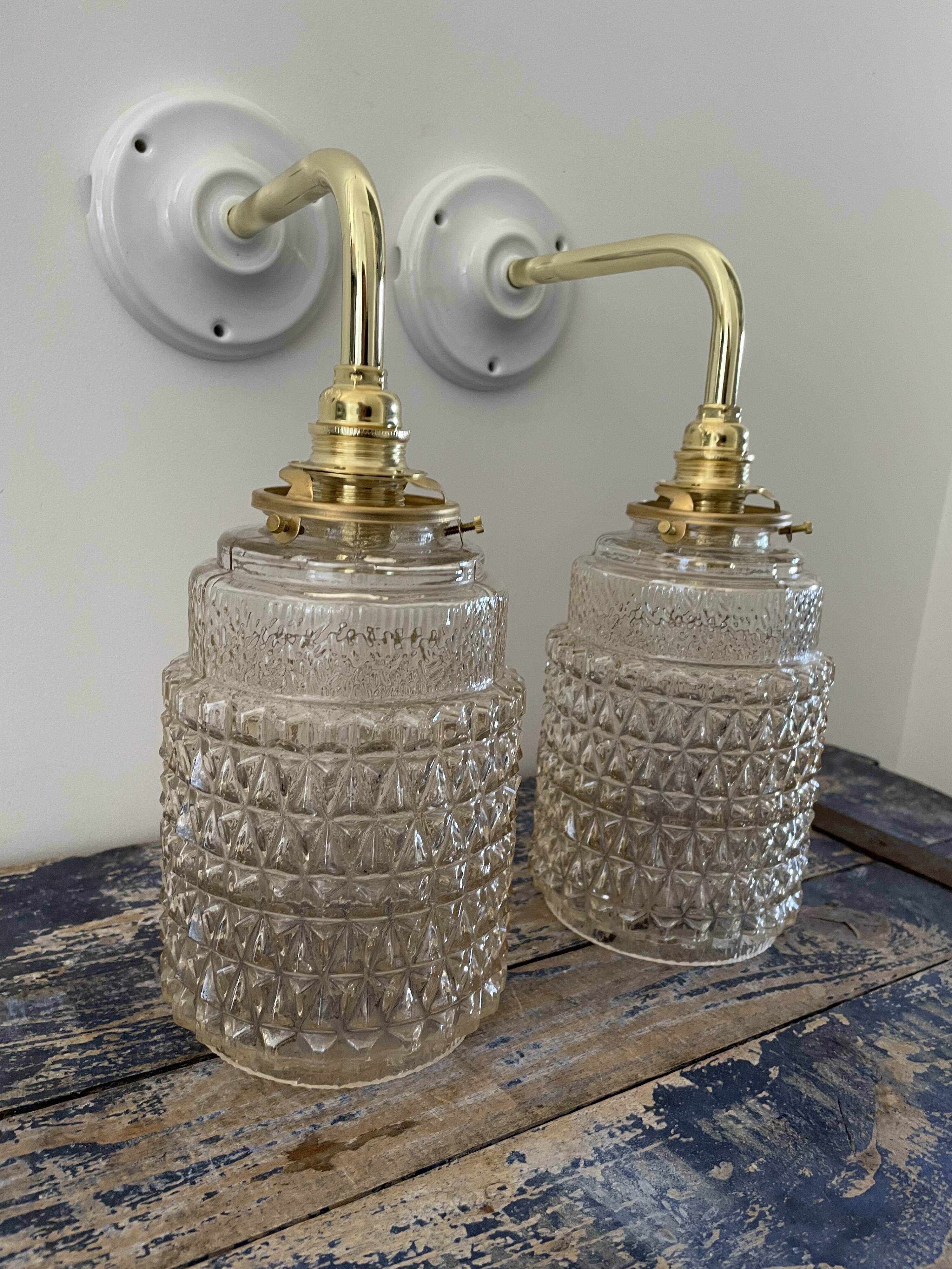 Pair of vintage electrified glass wall lamps