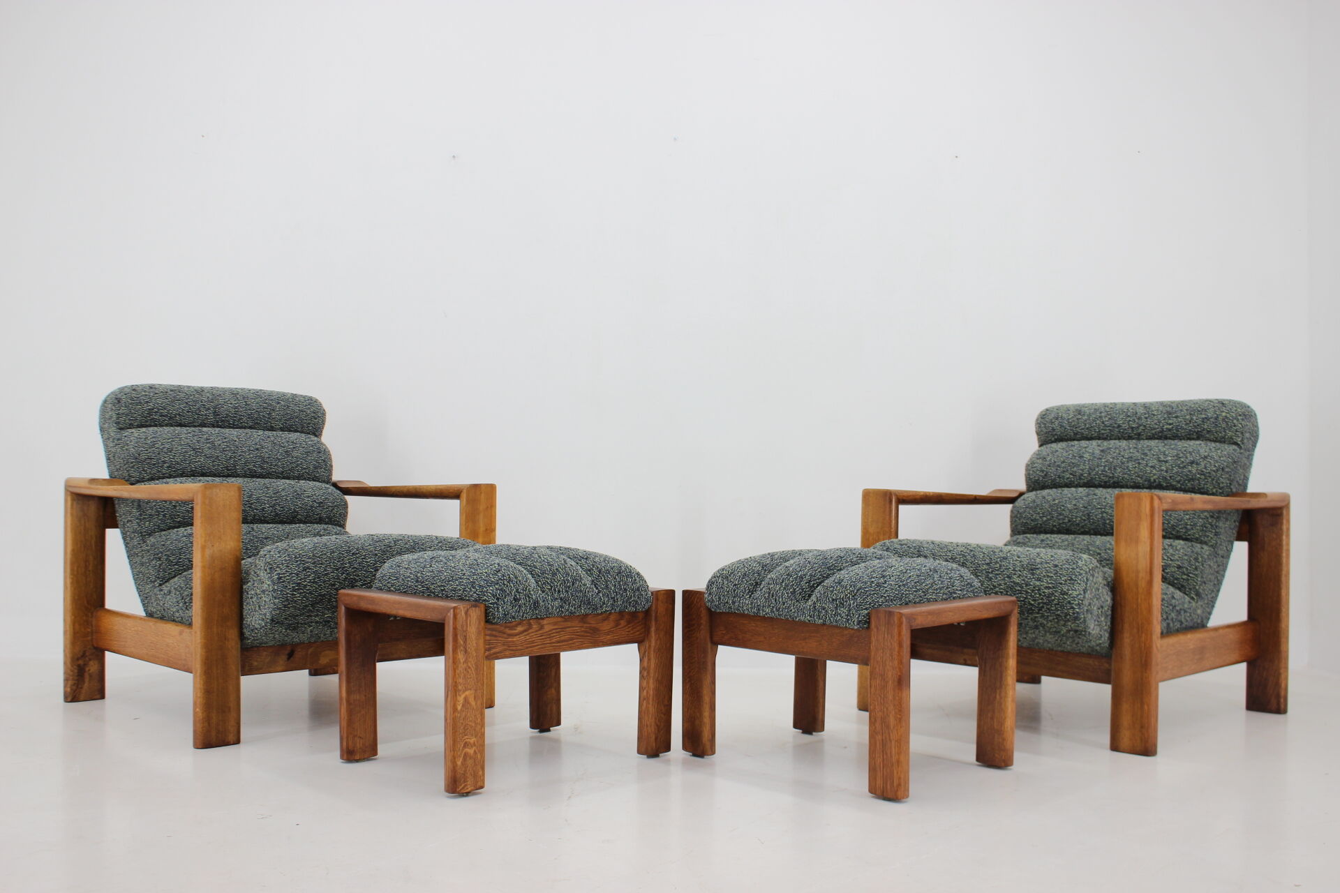 1960s pair of armchairs with stools in oak, Finland