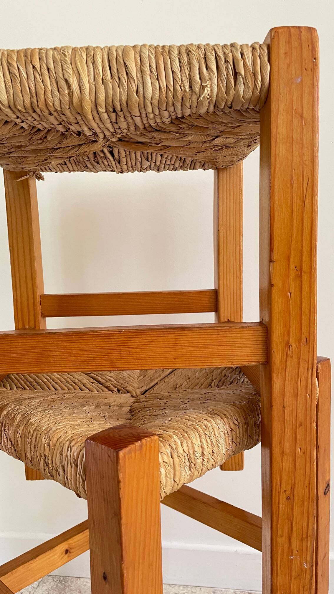 Pair of vintage wooden and straw stools