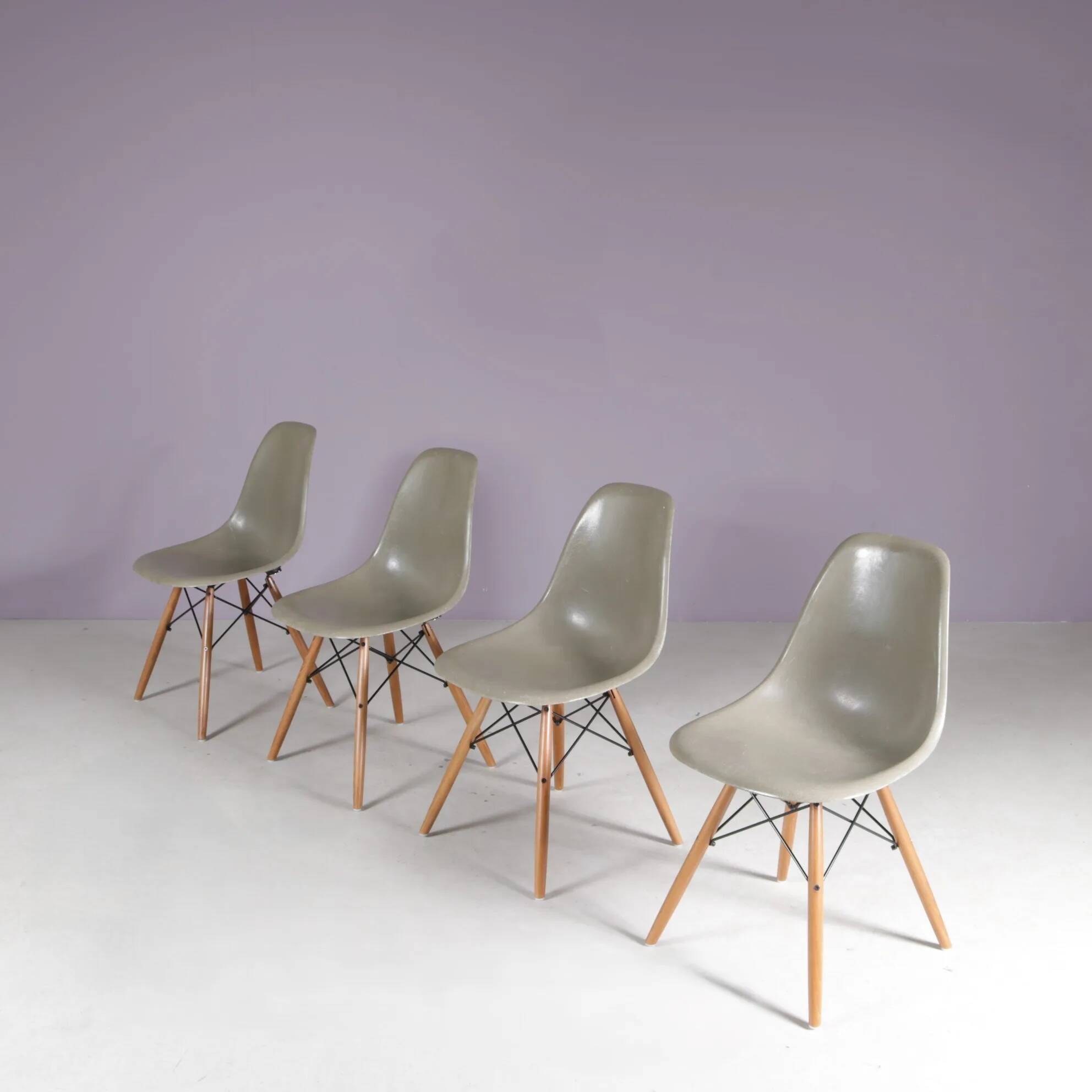 1960s set of 4 dining chairs in “sea foam” green fiberglass / Charles & Ray Eames / Herman Miller, USA