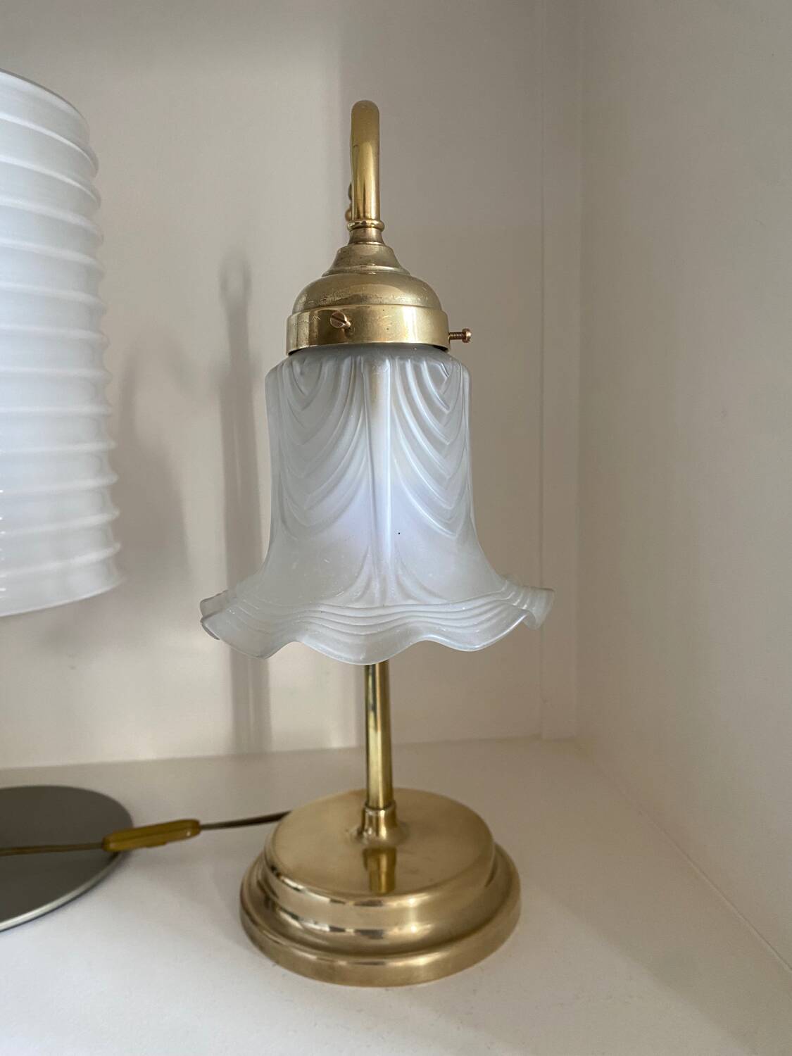 Large art deco brass lamp with swan neck and glass tulip globe