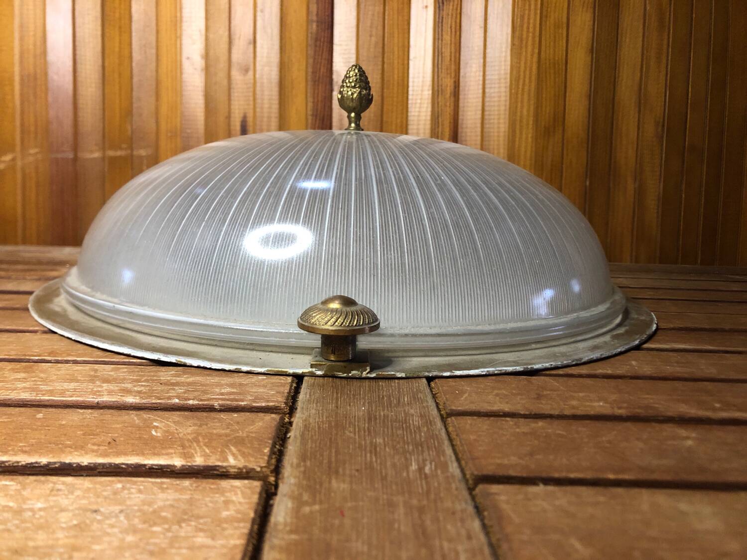 Old molded glass ceiling light + gold metal contour + vintage brass #a491