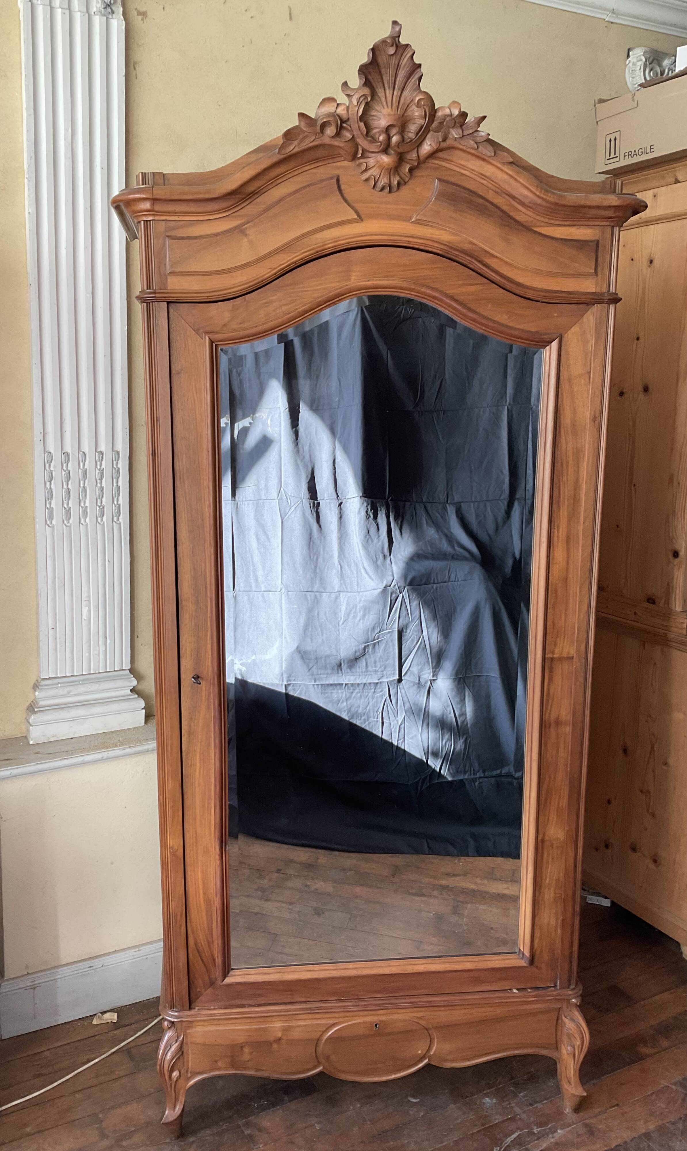 Antique Louis XV style mirrored wardrobe in solid walnut