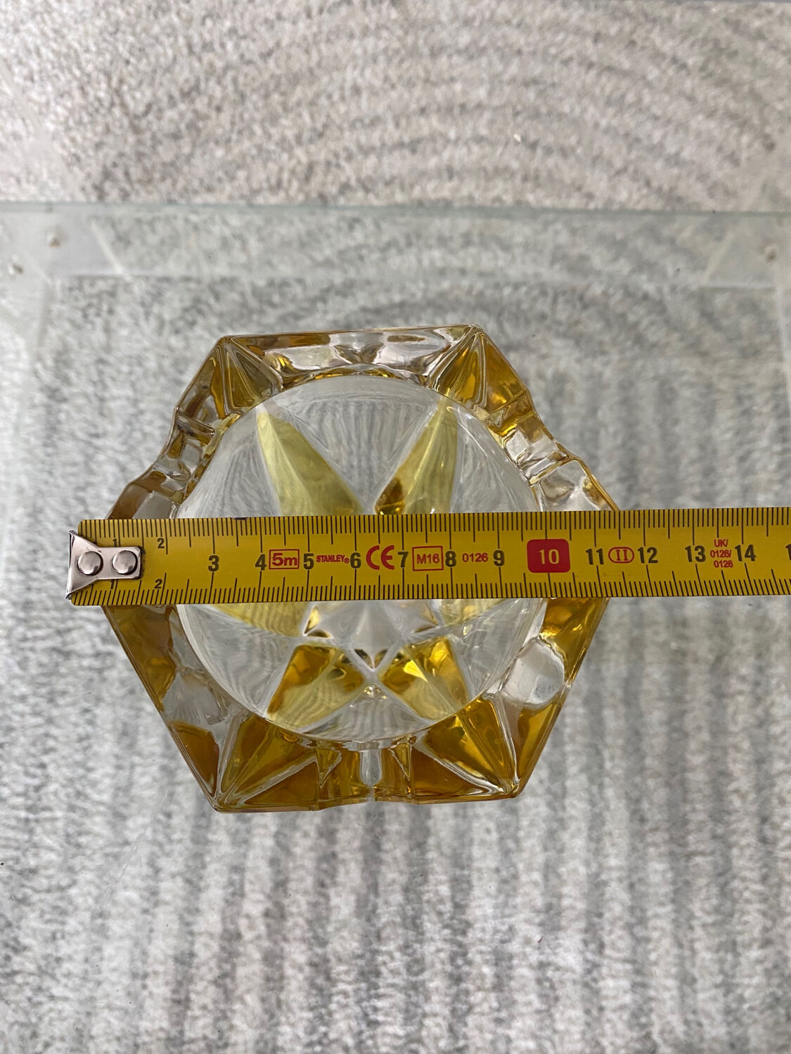 Vintage empty pocket ashtray in yellow chiseled glass or crystal