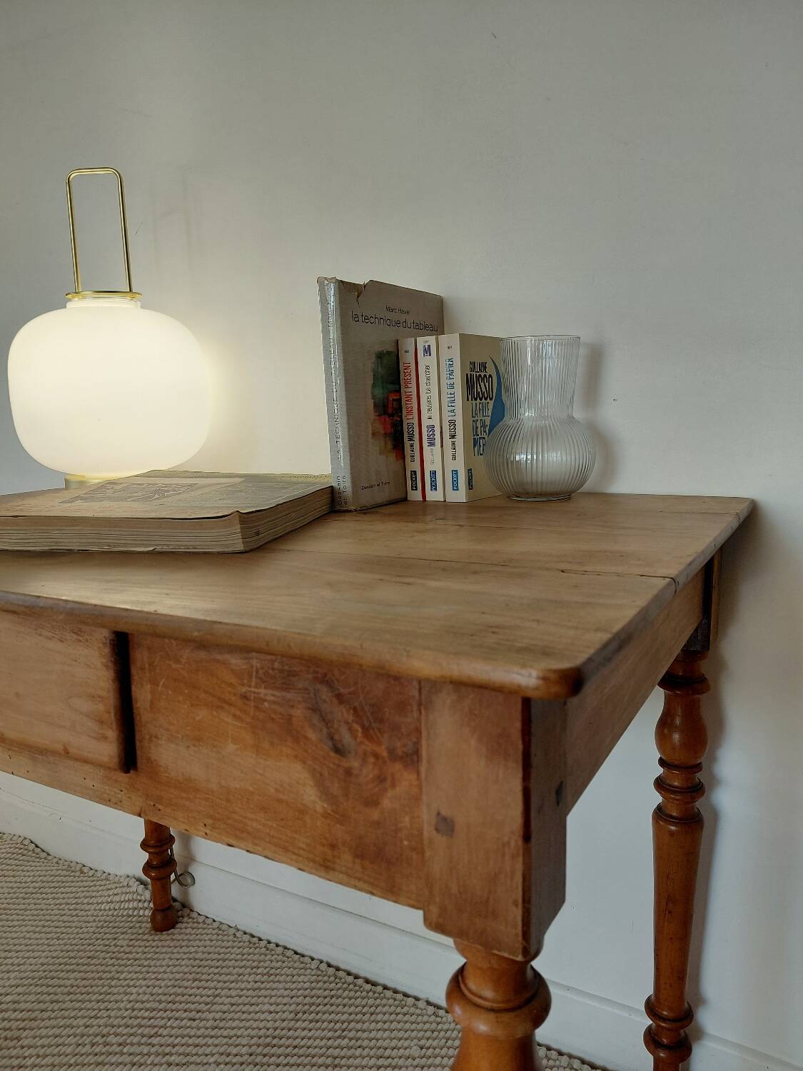 Old solid wood console - turned legs - drawer in chic country style