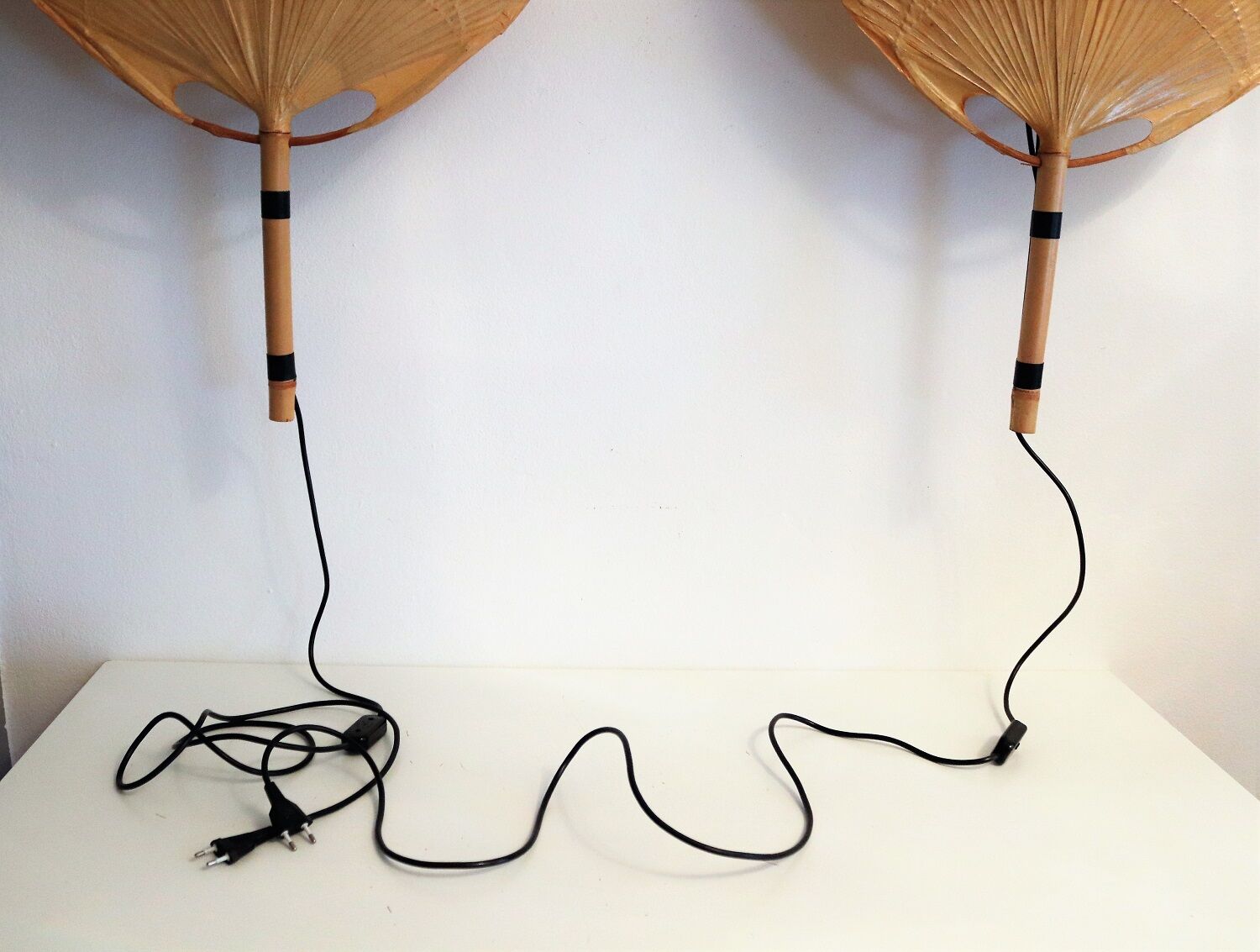 Set of 2 Uchiwa bamboo and rice paper wall lights by Ingo Maurer, Germany 1973