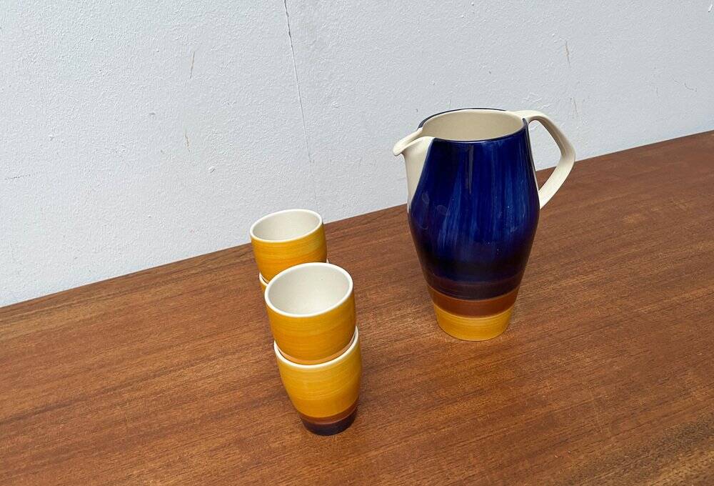 Mid-century hand-painted German décor, ceramic jug 507 with cups from Stützel & Sachs Aalen Keramik, 1960s, set of 5.