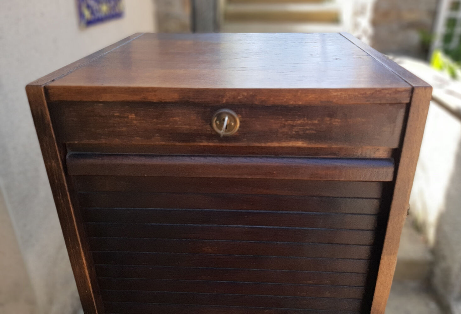 Cabinet storage cabinet with curtains, wooden, vintage.