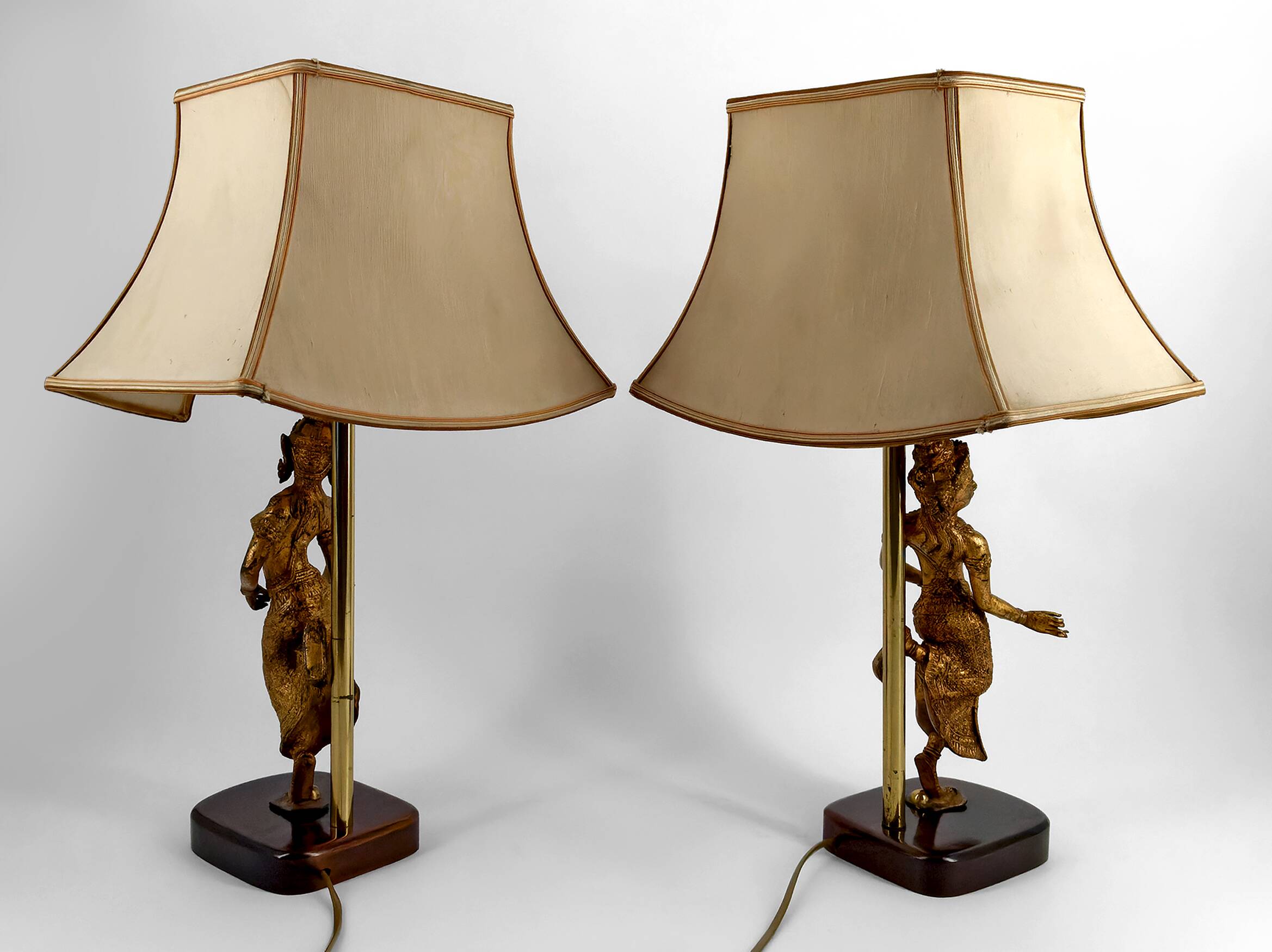 Pair of Sculptural Lamps in Gilt Bronze, Thai Dancers, 20th Century
