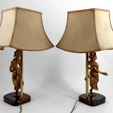 Paire de Lampes Sculpturales en Bronze Doré, Danseuses Thaïs, XXe