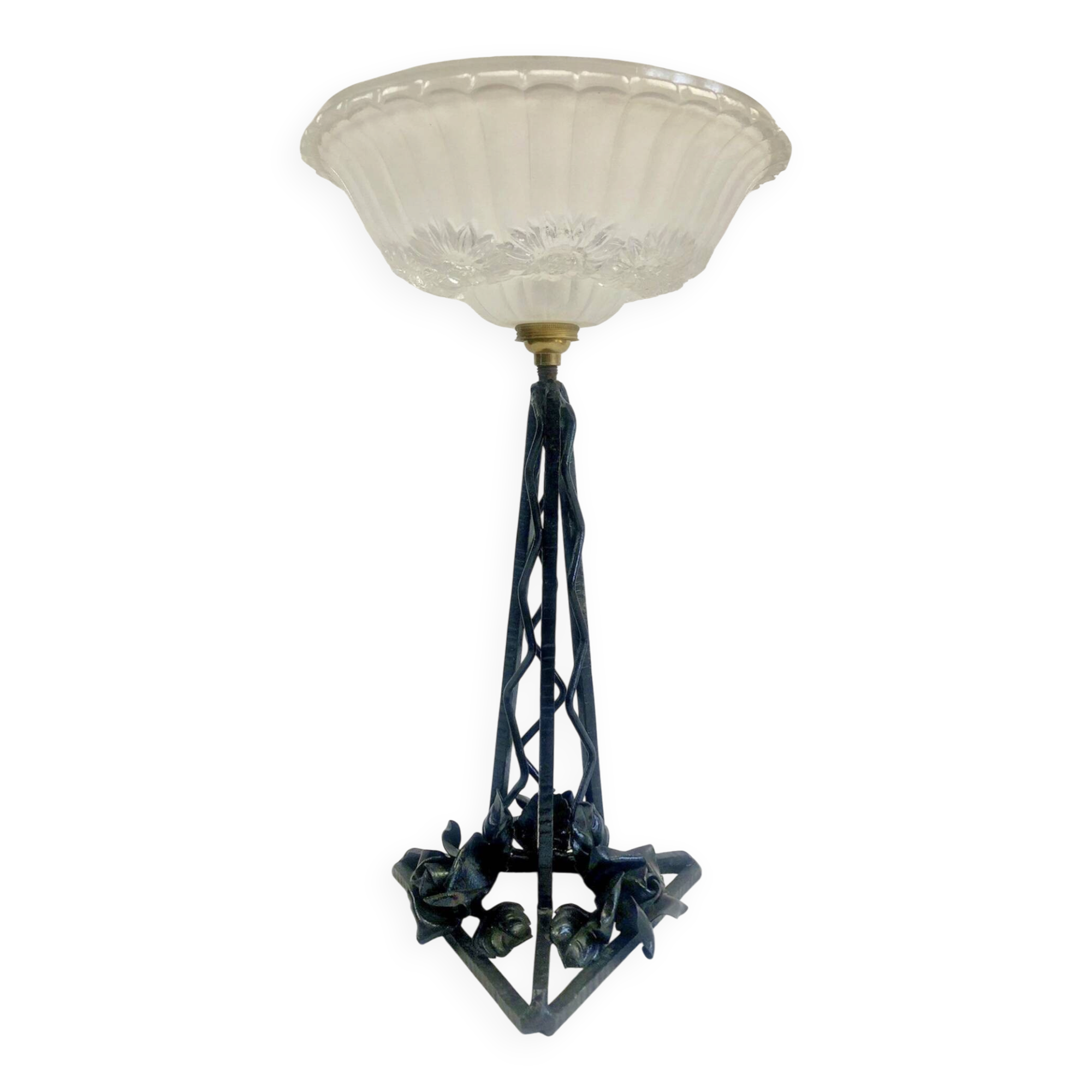 Art Deco wrought iron lamp with 3 rose glass daisies Ezan 1930
