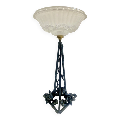 Lampe Art Déco fer forgé aux 3 roses verre marguerites Ezan  1930