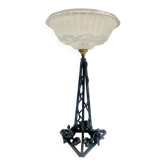 Lampe Art Déco fer forgé aux 3 roses verre marguerites Ezan  1930
