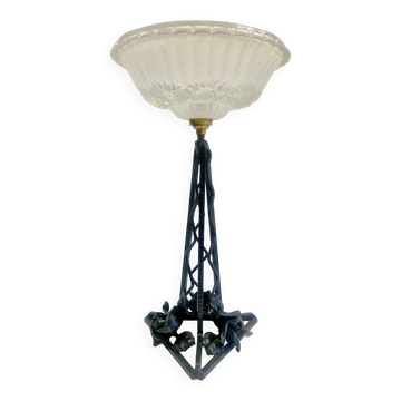 Art Deco wrought iron lamp with 3 rose glass daisies Ezan 1930