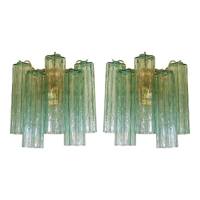 Contemporary Green “Tronchi” Murano Glass Wall Sconce in Venini Style - a Pair