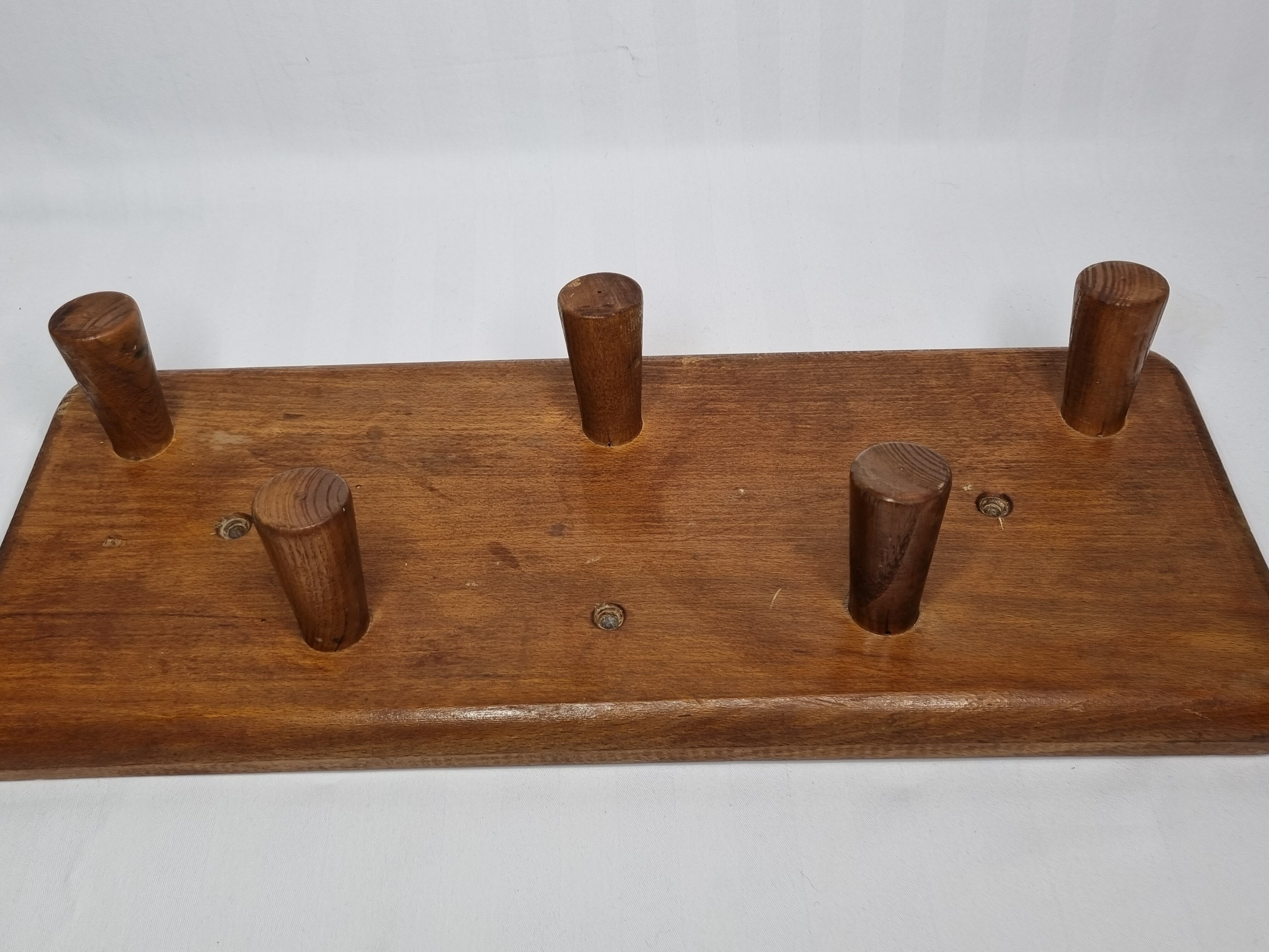 Coat rack with five hooks in natural wood, design, 60s, 50 cm