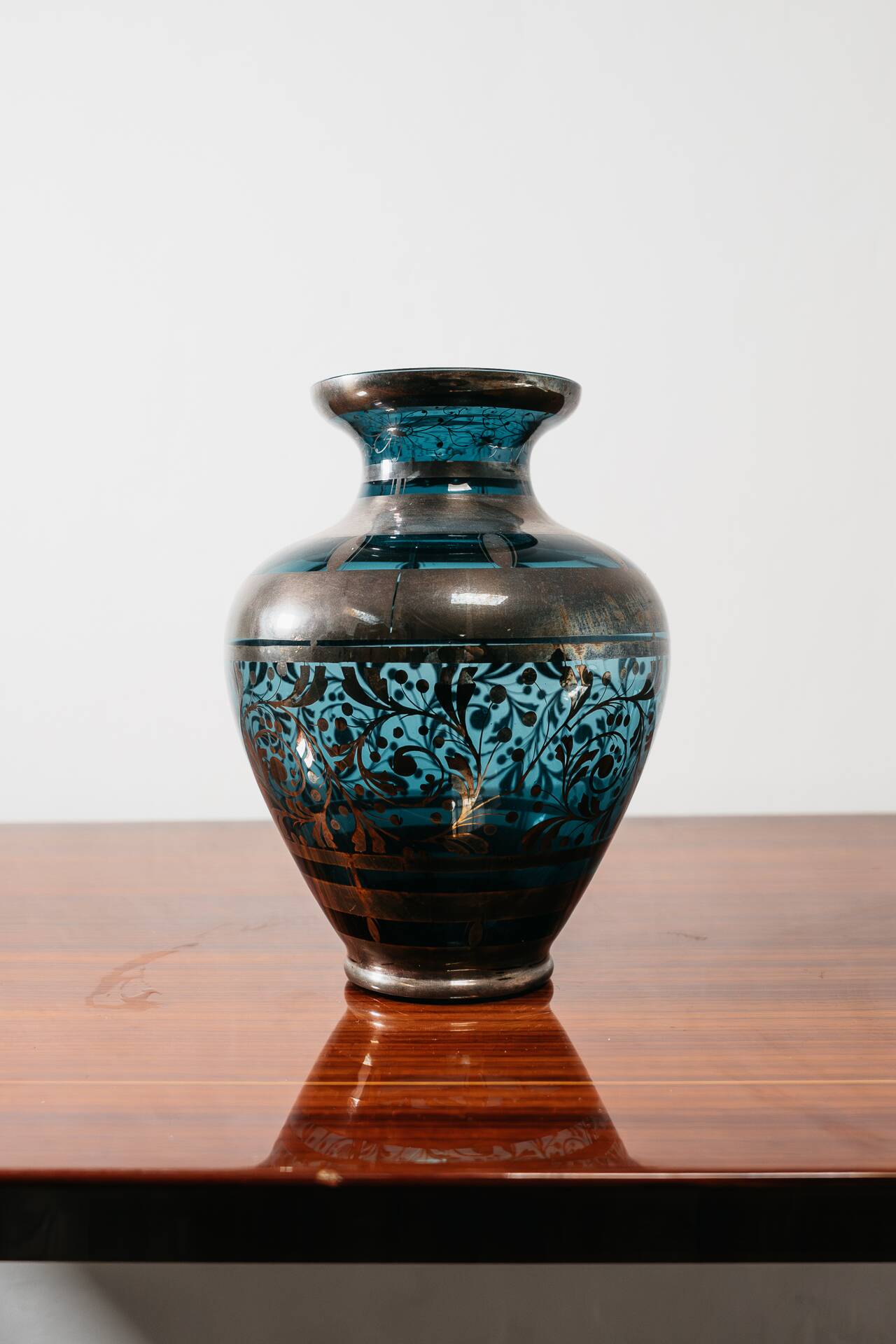 Vaso In Vetro E Argento Overlay American Art Decó 1940’s Design