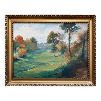 Painting dated 1916 "Coin de la Nièvre" by Louis Morel (1871-1954) + frame