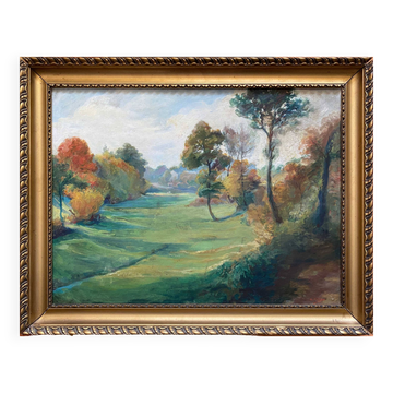 Tableau daté de 1916 "Coin de la Nièvre" par Louis Morel (1871-1954) + cadre